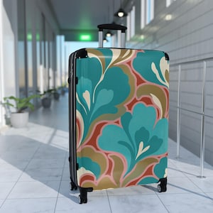 Retro Swirl Teal Suitcase | 1970s Inspired Carry-On Luggage | Vintage Floral Abstract Travel Bag | Spinner with TSA Lock