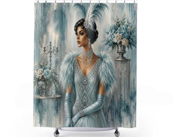1920s Art Deco Glam Shower Curtain | Elegant Flapper Decor | Vintage Gatsby-Inspired | Light Blue & Silver