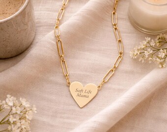Soft Life Mama Heart Necklace | Gold Paperclip Chain