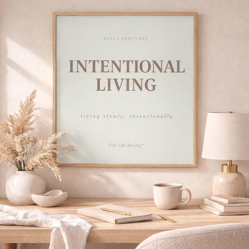 Minimalist framed wall art print featuring the quote “INTENTIONAL LIVING” displayed above a clean light wood desk with neutral stationery, journal, coffee mug, and warm natural lighting. Calm feminine workspace decor aesthetic.