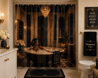 Art Deco Shower Curtain | Black Gold Marble Glam Bath Decor (71"x74")