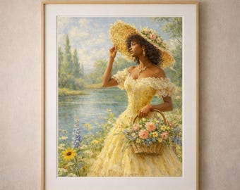 Black Woman Art Print: Vintage Impressionist, Yellow Dress (Digital Download)