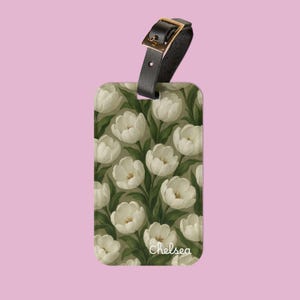 Personalisierter Weißer Tulpen-Gepäckanhänger - Reise-Accessoire, Benutzerdefinierter Namensanhänger, Urlaubsutensilien, Geschenk für Reisende, Fernweh-Dekor