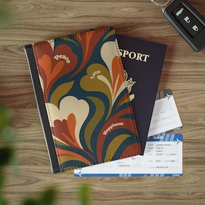 Portapasaporte "Paz, Amor y Felicidad" / Cartera de viaje con estampado floral retro / Funda para pasaporte con estampado de los años 70 / Regalo de viaje bohemio para ella