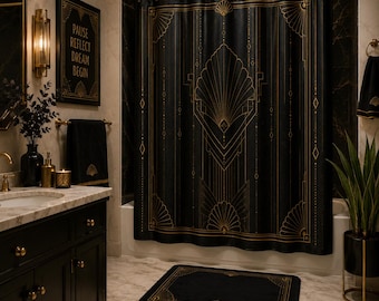 Art Deco Gold Shell Shower Curtain | Black Gold Luxury Bathroom Decor
