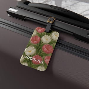 Personalized Blush & White Floral Luggage Tag | Custom Name Travel Accessory, Gift for Travelers