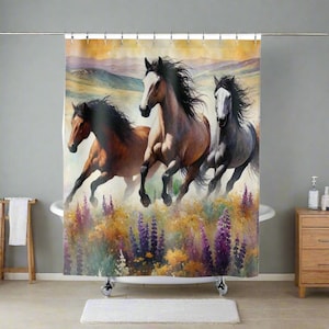Wild Horses Shower Curtain, Nature Inspired Bathroom Decor, Running Horses Art, Rustic Farmhouse, Equestrian Bathroom Accessories