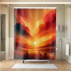 Sunset Glow Shower Curtain, Vibrant Orange and Red Bathroom Decor, Nature-Inspired Shower Curtain, Warm Tones Bathroom Art, Modern Abstract