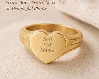 Gold Heart Signet Ring | Personalized Mama Name Jewelry (Waterproof)