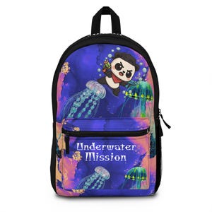 Sac à dos personnalisé pour enfants Mission sous-marine | Joli cartable panda imprimé méduses | Cartable avec nom personnalisé pour garçons et filles