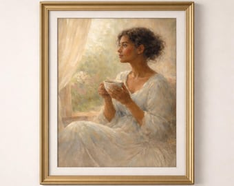 Vintage Woman Drinking Tea Art Print | Feminine Morning Scene (Digital Download)