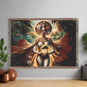 Ethereal Nature Goddess Woven Blanket | Artistic Tapestry Blanket with Fringe | Goddess and Nature Scene Throw | Cotton Decorative Blanket