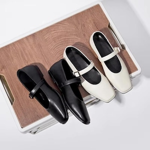 Genuine Leather Mary Jane Ballet Flats • Adjustable Buckle Ballet Shoes • Square Toe Cowhide Flats