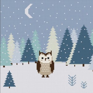 Owl in Snowy Forest Digital Cross Stitch Pattern.