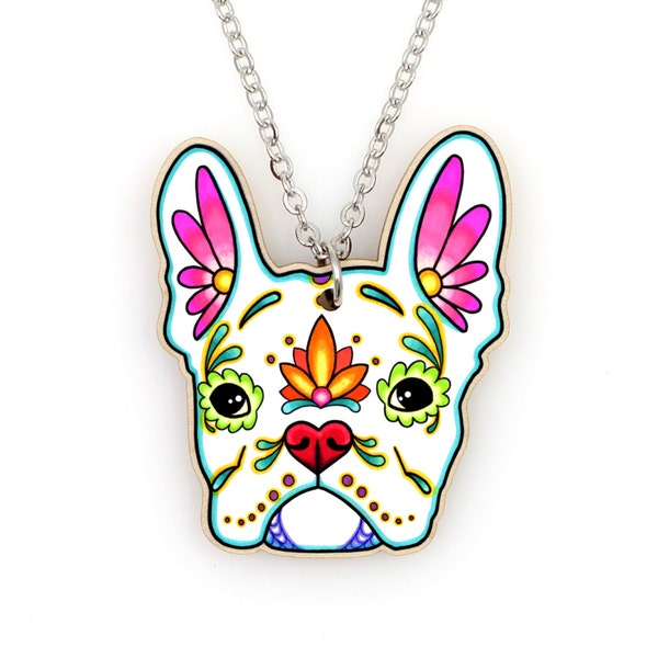 French Bulldog in White Day of the Dead Sugar Skull Dog Necklace