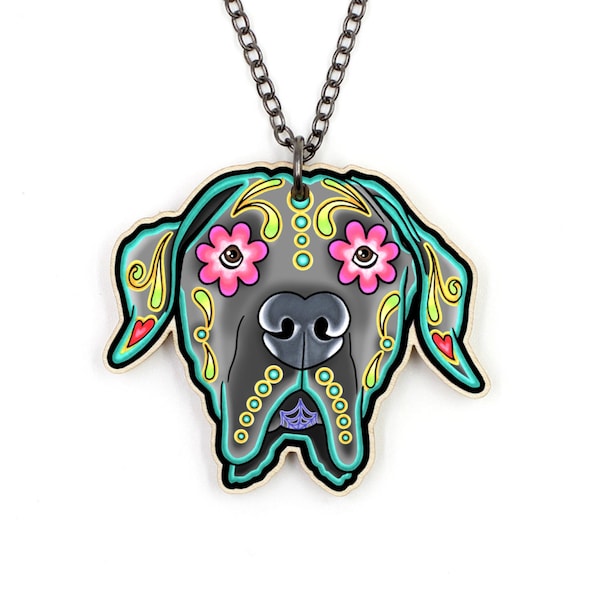 CLEARANCE - Great Dane Necklace - Floppy Ear Edition - Day of the Dead Sugar Skull Dog Pendant