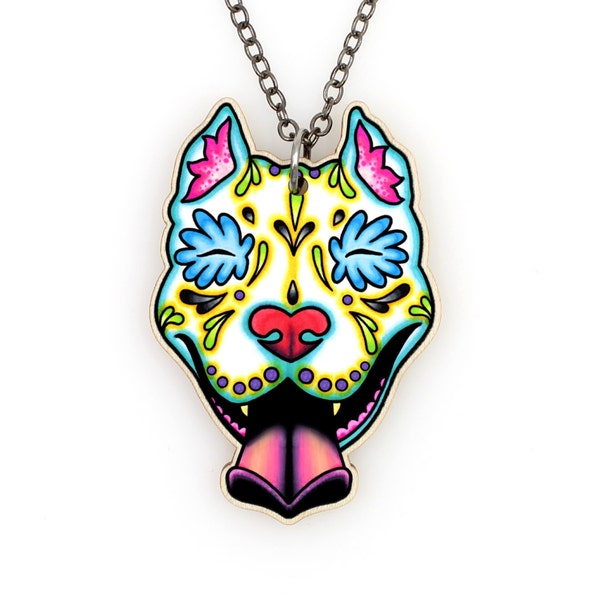 Slobbering Pit Bull - Day of the Dead Sugar Skull Dog Necklace