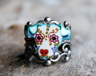 CLEARANCE - Dia de los Muertos Pit Bull Adjustable Filigree Ring