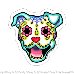 Smiling Pit Bull Sticker Day of Dead Happy Sugar Skull Dog Clear Vinyl Decal image 1