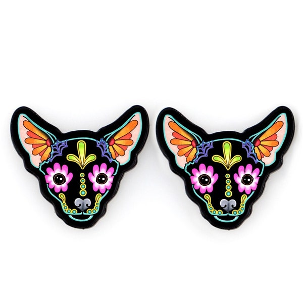 CLEARANCE - Chihuahua Earrings in Black - Day of the Dead Sugar Skull Dog Post Earrings