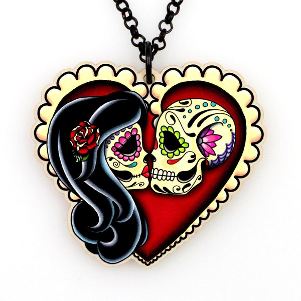 Ashes to Ashes Necklace - Forever Love Day of the Dead Lovers - Kissing Sugar Skull Couple