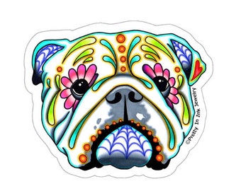 English Bulldog Sticker - Clear Vinyl Decal - Day of the Dead Sugar Skull Dog