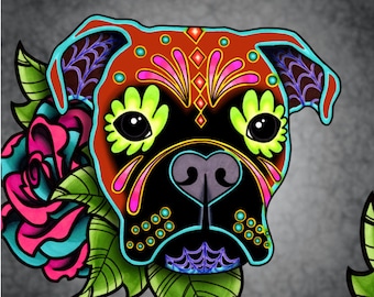 CLEARANCE - Boxer in Fawn - Day of the Dead Sugar Skull Dog 8" x 10" Art Print