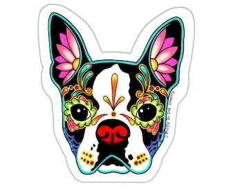 Boston Terrier Sticker - Day of the Dead Sugar Skull Dog - Clear Vinyl Decal