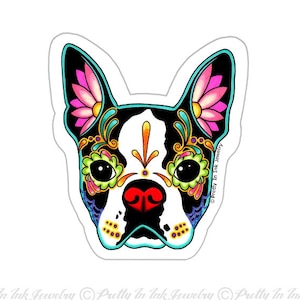 Boston Terrier Aufkleber - Tag der Toten Sugar Skull Hund - durchsichtige Vinyl Aufkleber