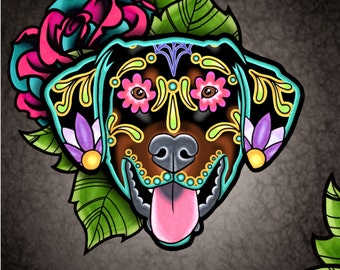 CLEARANCE - Doberman with Floppy Ears - Day of the Dead Sugar Skull Dog 8" x 10" Art Print