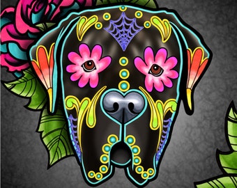 CLEARANCE - Mastiff in Brindle - Day of the Dead Sugar Skull Hund 20 x 20 cm Kunstdruck