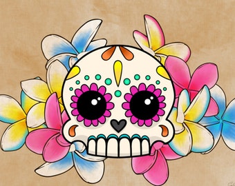 Calavera con Flores - 8" x 10" Art Print - Dia de los Muertos Sugar Skull with Frangipani Flowers