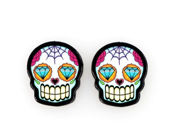 CLEARANCE - Sugar Skulls with Diamond Eyes - Dia de los Muertos Earrings