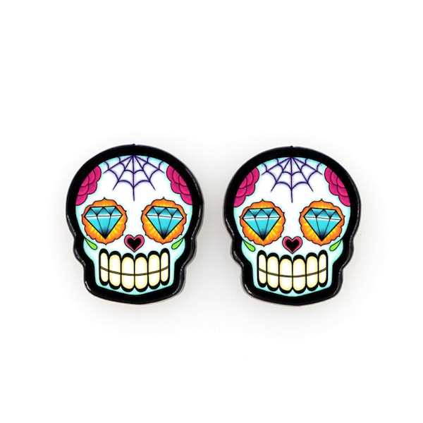 CLEARANCE - Sugar Skulls with Diamond Eyes - Dia de los Muertos Earrings