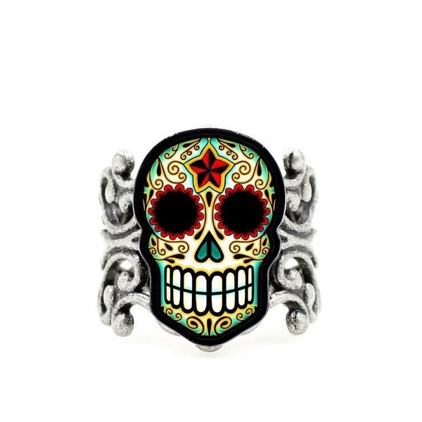 CLEARANCE - Day of the Dead Filigree Sugar Skull Ring in an Antiqued Silver Finish - Adjustable Band