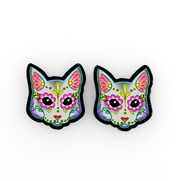 CLEARANCE - Cats in Grey - Day of the Dead Sugar Skull Kitty Cat Earrings - THE ORIGINAL