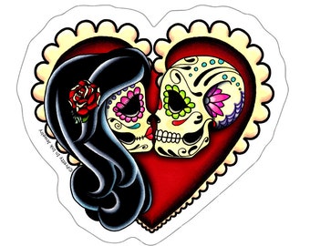 Ashes Sticker - Day of the Dead Lovers - Sugar Skull Kissing Couple - Clear Vinyl Heart Decal