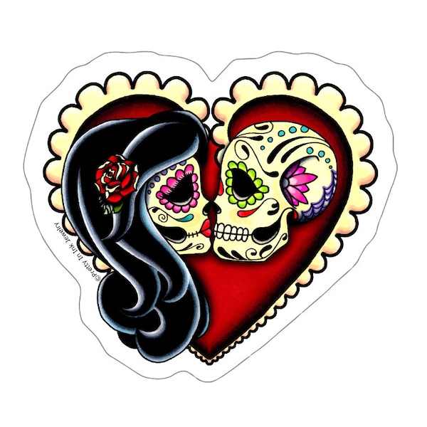 Ashes Sticker - Day of the Dead Lovers - Sugar Skull Kissing Couple - Clear Vinyl Heart Decal