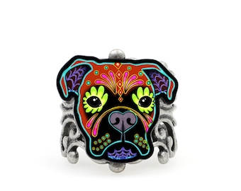 CLEARANCE - Boxer Ring - Day of the Dead Sugar Skull Dog - Adjustable Band - Dia de los Muertos