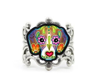 CLEARANCE - Beagle - Day of the Dead Sugar Skull Dog Adjustable Ring