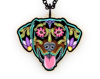 CLEARANCE - Doberman - Floppy Ear Edition - Day of the Dead Sugar Skull Dog Necklace