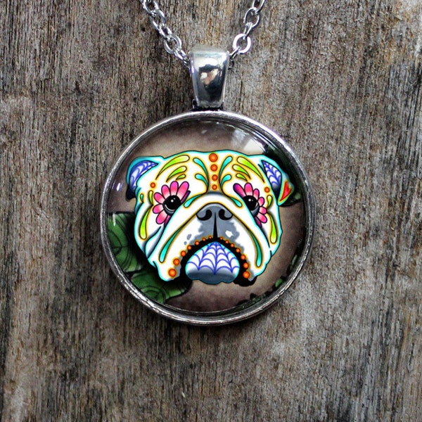 Day of the Dead English Bulldog Sugar Skull Cameo Necklace