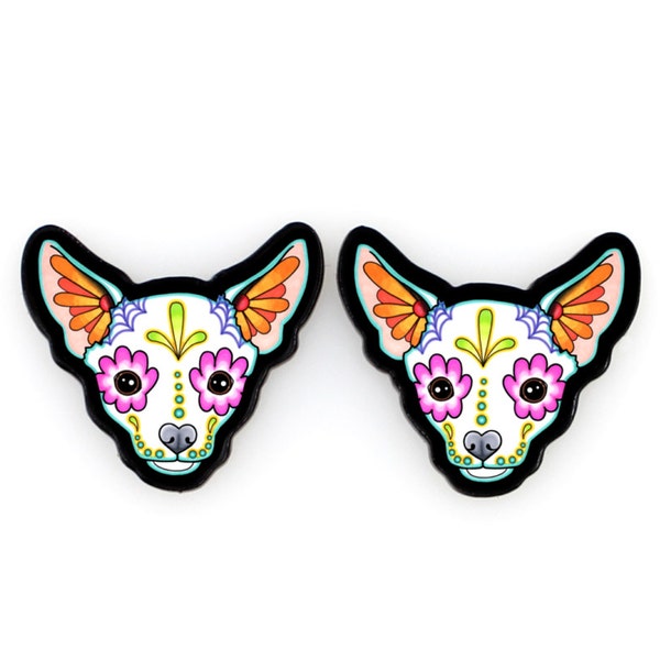 CLEARANCE - Chihuahua Ohrringe in Weiß - Day of the Dead Sugar Skull Hund Ohrstecker