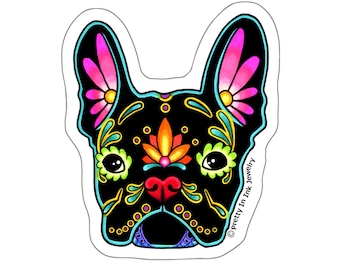 French Bulldog in Black Sticker - Day of the Dead Frenchie Sugar Skull Dog - Clear Vinyl Decal