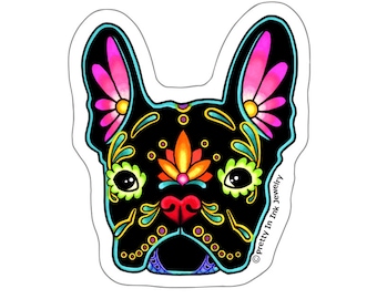 Naklejka na buldoga francuskiego w kolorze czarnym - Dzień Zmarłych Frenchie Sugar Skull Dog - Przezroczysta naklejka winylowa