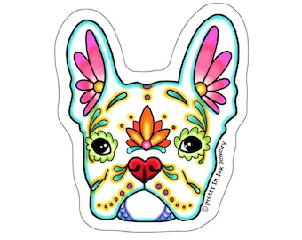 Franse Bulldog in witte sticker - Dag van de dode Frenchie Sugar Skull Dog - Clear Vinyl Decal