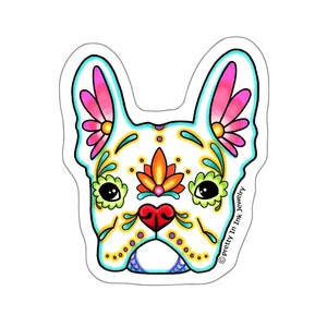 Adesivo Bulldog Francês em Branco - Dia dos Mortos Cachorro Caveira de Açúcar Frenchie - Decalque de Vinil Transparente