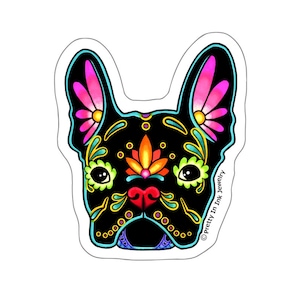 Adesivo Bulldog Francês em Preto - Dia dos Mortos Frenchie Sugar Skull Dog - Decalque de Vinil Transparente