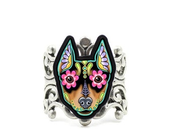 CLEARANCE - Min Pin Ring - Dag van de Dode Miniatuur Doberman Pinscher Sugar Skull Dog Verstelbare Ring