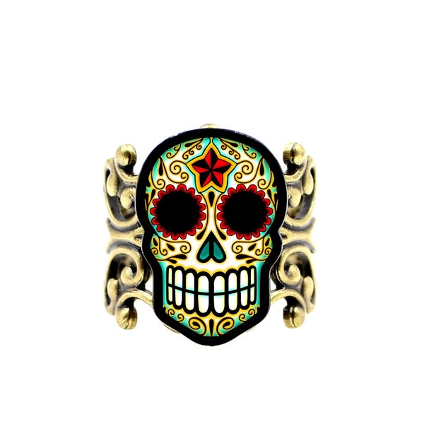 CLEARANCE - Day of the Dead Filigree Sugar Skull Ring in an Antiqued Brass Finish - Adjustable Band